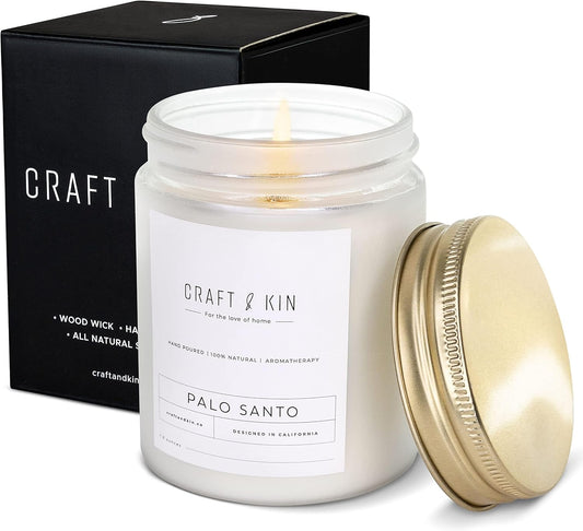 Palo Santo Scented Candle | 8 Oz 45 Hour Long Lasting | Classic Soy Candles Wood Wick | Made with Natural Soy | Gifts for Men and Women