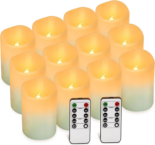 Flameless Candles Battery Operated Candles Set of 12 (D: 3" X H: 4") Real Wax Pillar Flickering Candles LED Flameless Candles with Remote and Timer Control (Ivory Color)